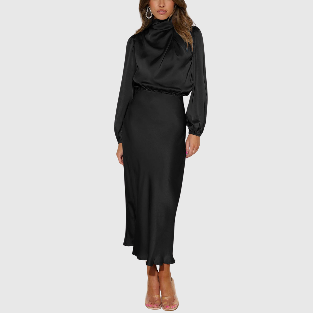 Rovana | Women's Wedding Guest Satin Midi Dress - Black - Image 1