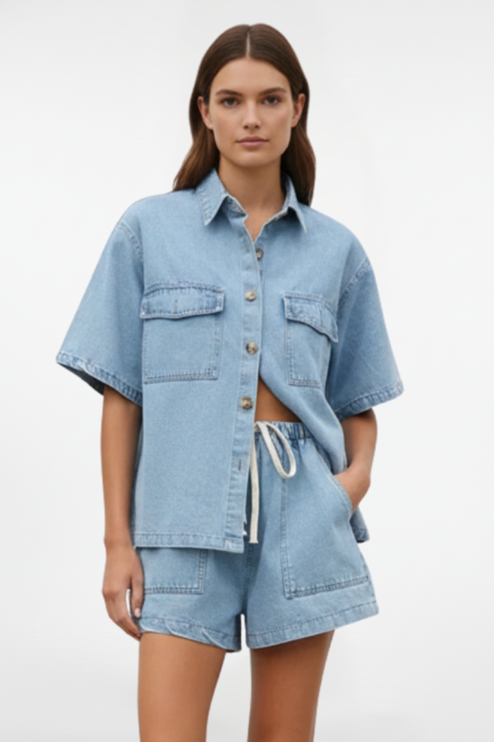 Rowan | Women's Short Sleeve Two Piece Set - Light Blue - Image 2