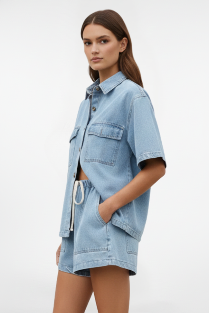 Rowan | Women's Short Sleeve Two Piece Set - Light Blue - Image 3