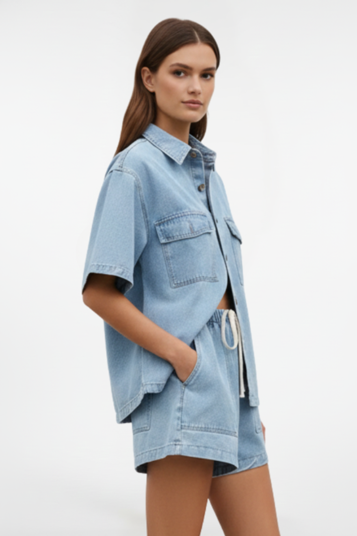 Rowan | Women's Short Sleeve Two Piece Set - Light Blue - Image 4