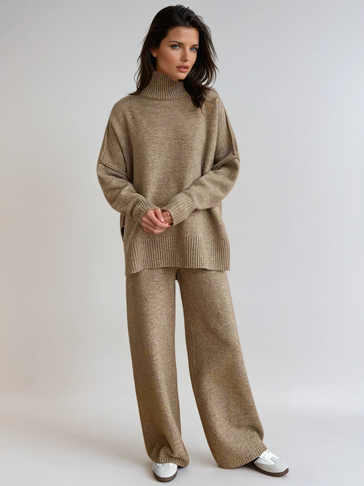 Rowan | Women's Turtleneck Wide Leg Knit Lounge Set - Camel - Image 1
