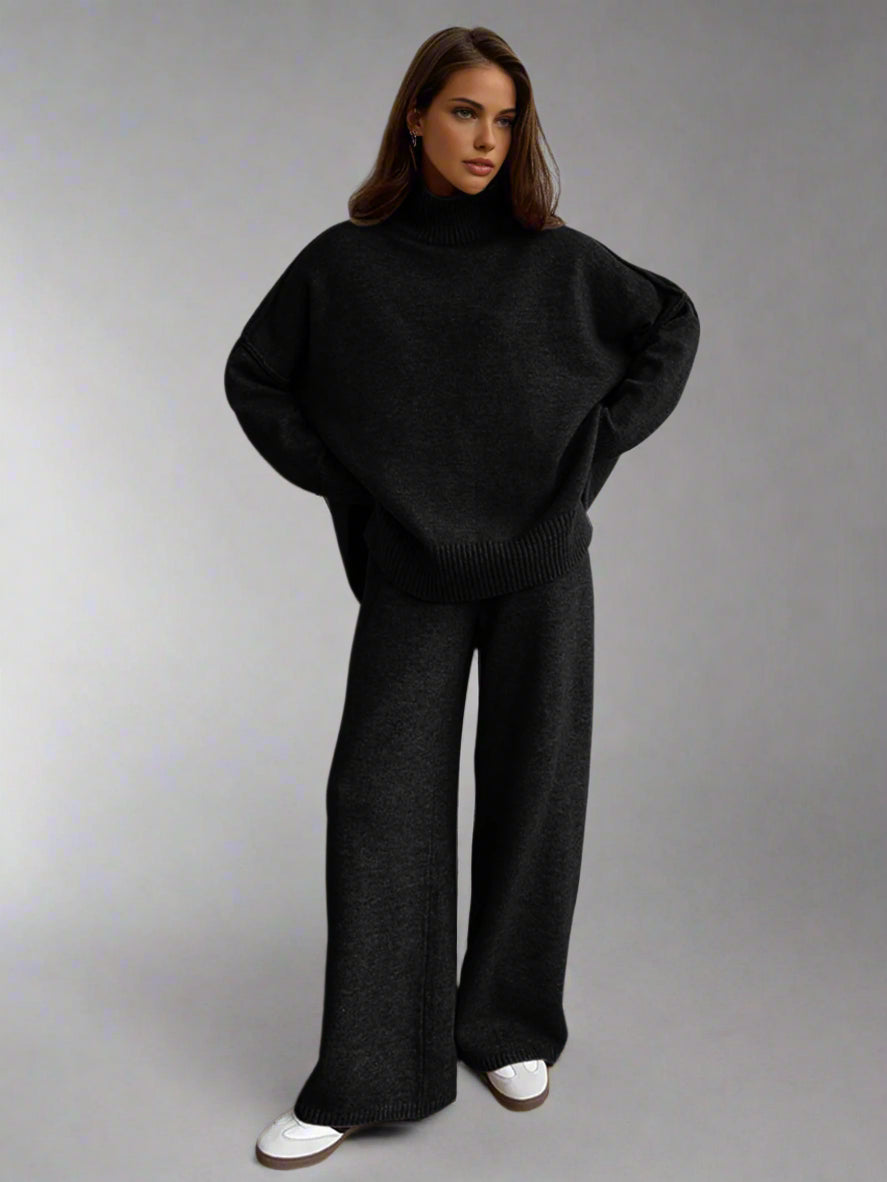 Rowan | Women's Turtleneck Wide Leg Knit Lounge Set - Camel - Image 10