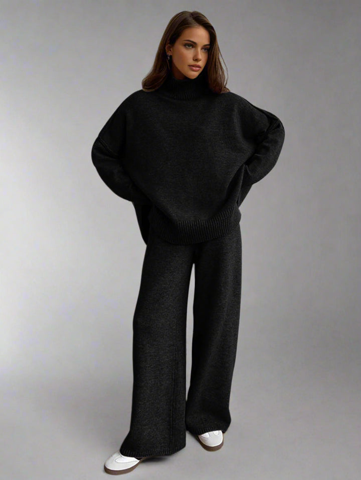 Rowan | Women's Turtleneck Wide Leg Knit Lounge Set - Camel - Image 10