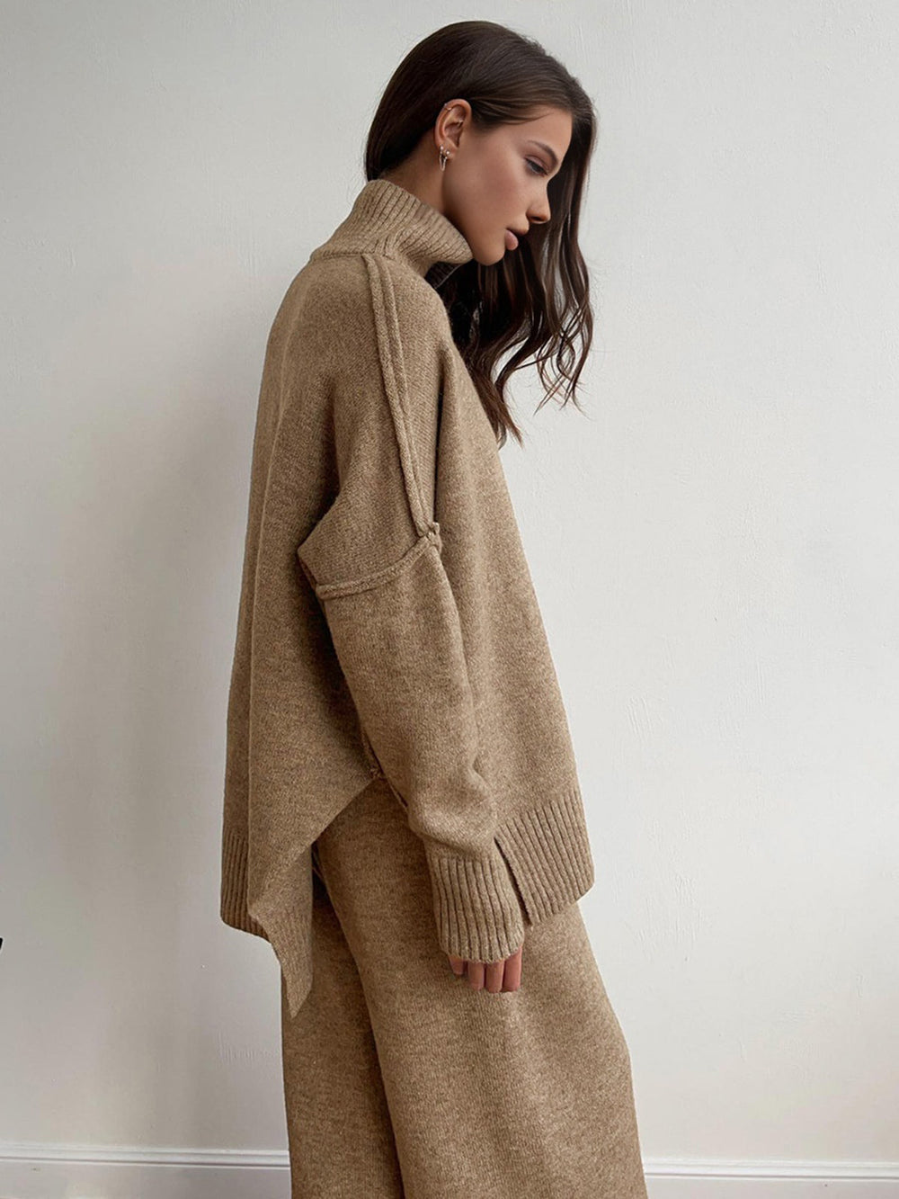 Rowan | Women's Turtleneck Wide Leg Knit Lounge Set - Camel - Image 2