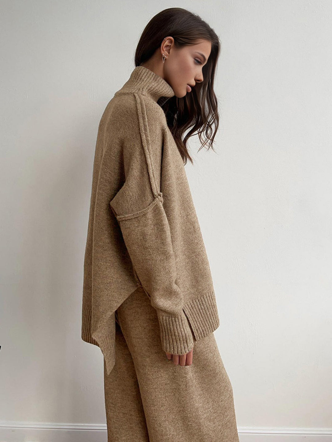Rowan | Women's Turtleneck Wide Leg Knit Lounge Set - Camel - Image 2