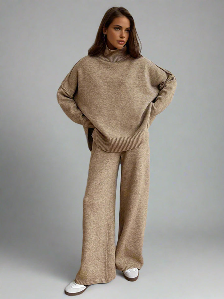 Rowan | Women's Turtleneck Wide Leg Knit Lounge Set - Camel - Image 3