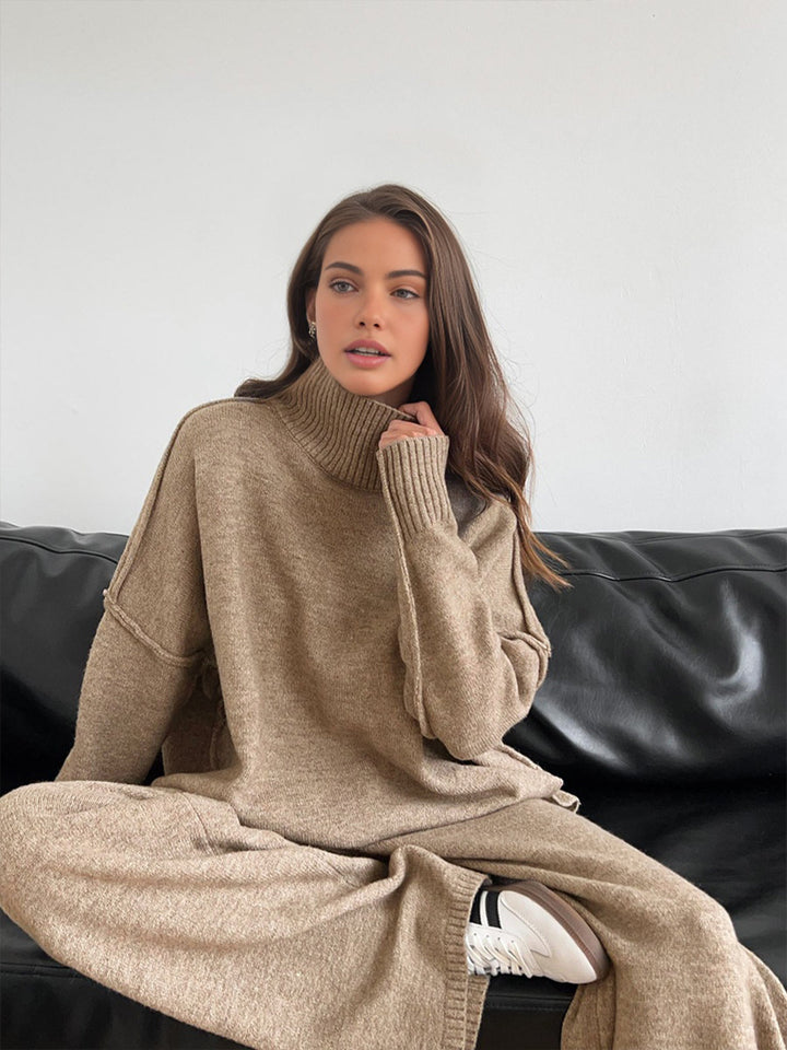 Rowan | Women's Turtleneck Wide Leg Knit Lounge Set - Camel - Image 5