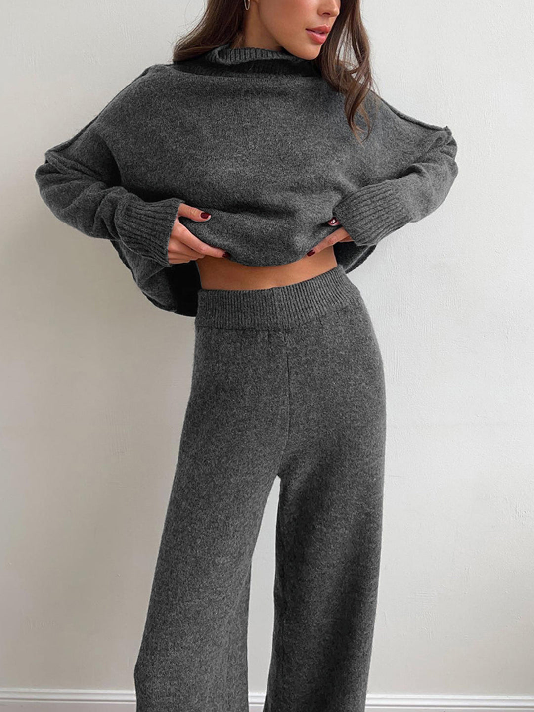 Rowan | Women's Turtleneck Wide Leg Knit Lounge Set - Camel - Image 7