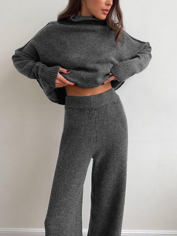 Rowan | Women's Turtleneck Wide Leg Knit Lounge Set - Camel - Image 7