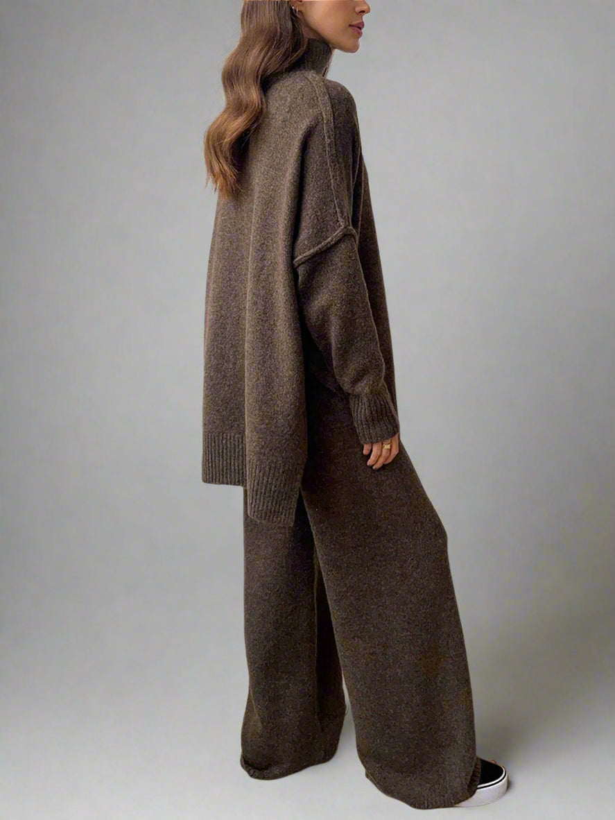 Rowan | Women's Turtleneck Wide Leg Knit Lounge Set - Camel - Image 8