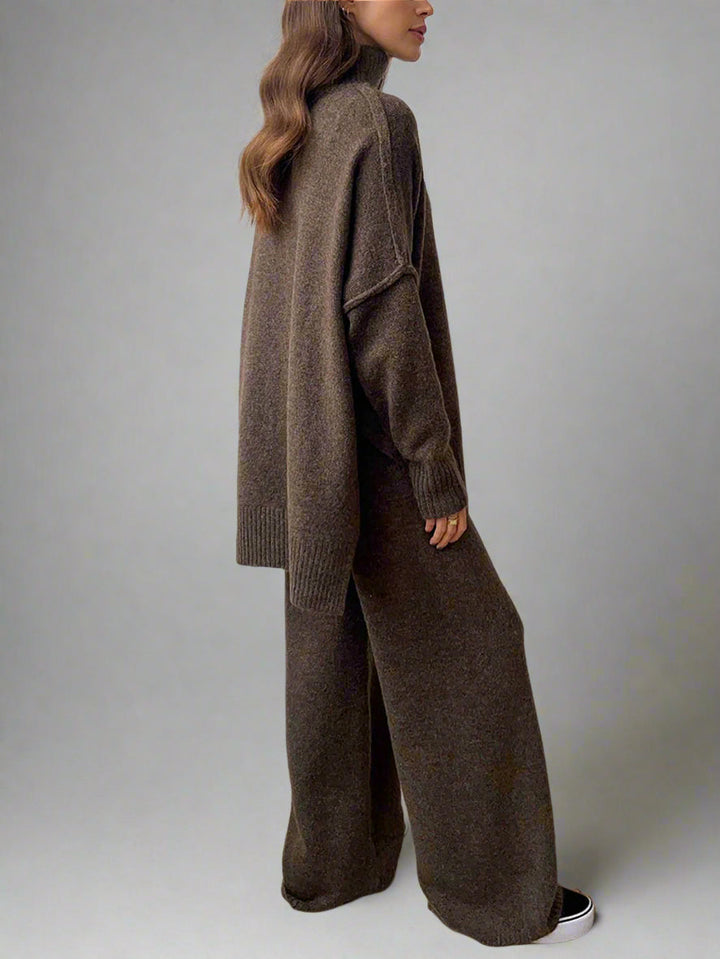 Rowan | Women's Turtleneck Wide Leg Knit Lounge Set - Camel - Image 8