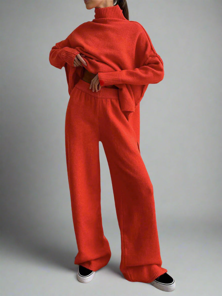 Rowan | Women's Turtleneck Wide Leg Knit Lounge Set - Camel - Image 9