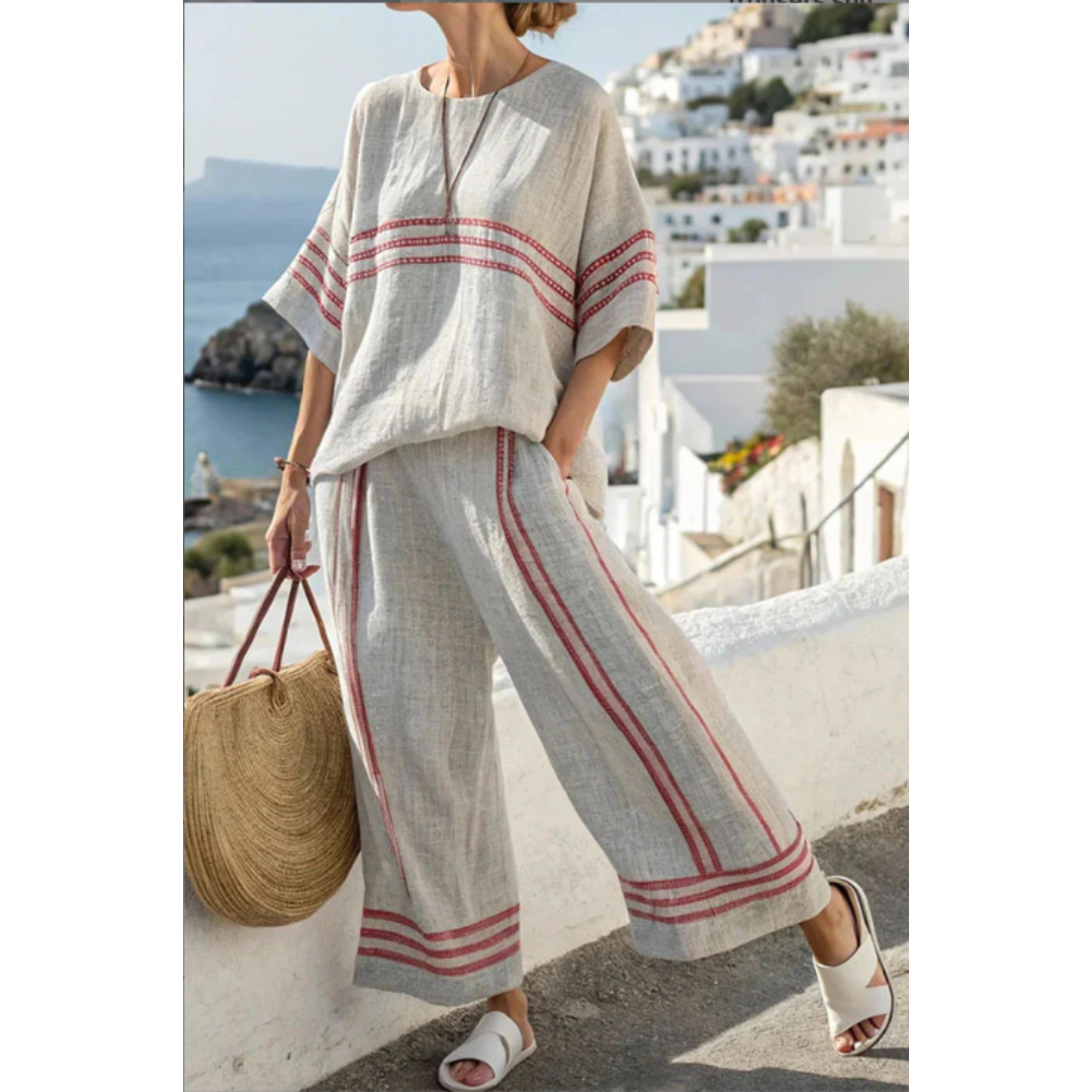 Rowanelle | Women's Striped Linen-Look Two-Piece Set - Beige - Image 1