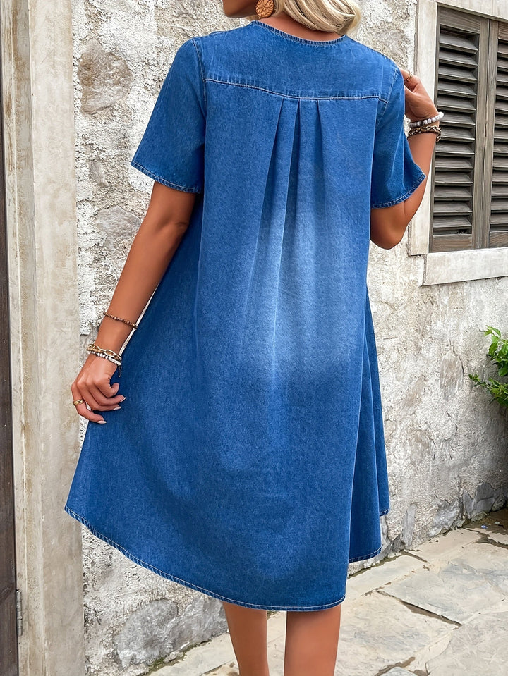 Rowena | Women's Denim Midi Dress Short Sleeve - Blue - Image 6