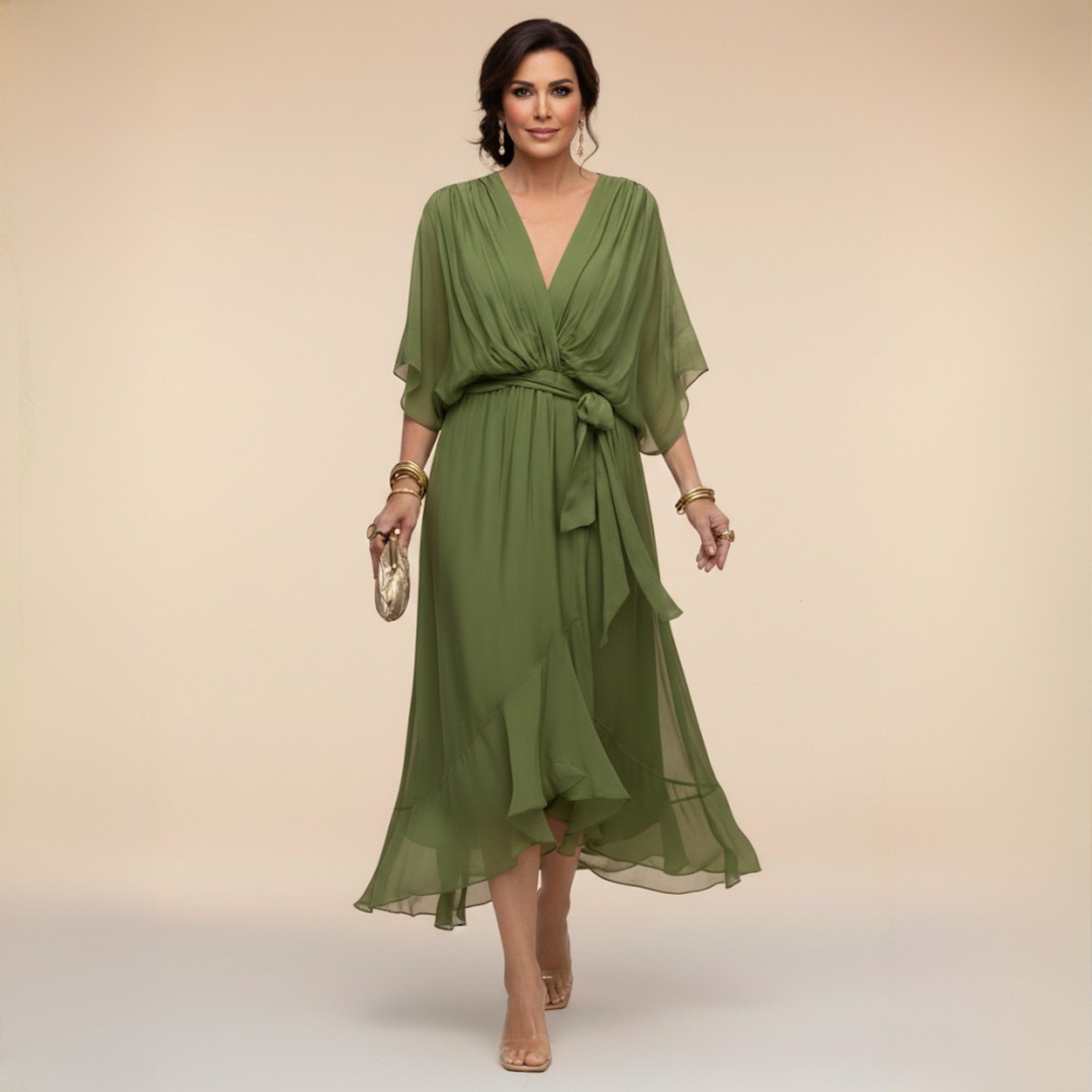 Roxanna | Women's V Neck Wrap Midi Dress - Green - Image 1