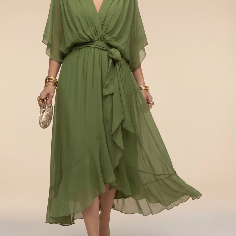 Roxanna | Women's V Neck Wrap Midi Dress - Green - Image 2