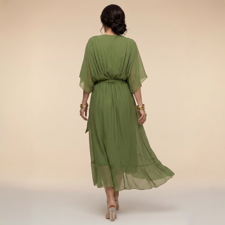 Roxanna | Women's V Neck Wrap Midi Dress - Green - Image 3