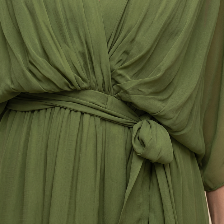 Roxanna | Women's V Neck Wrap Midi Dress - Green - Image 4