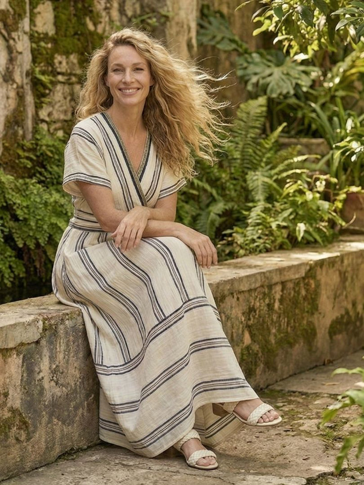Roxy | Women's Striped V-Neck Wrap Midi Dress - Beige - Image 6