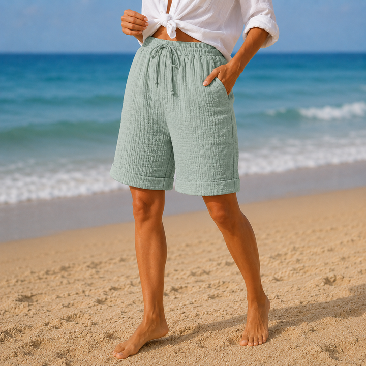 Ruvelle | Women's Crinkle Bermuda Shorts with Pockets - Beige - Image 14
