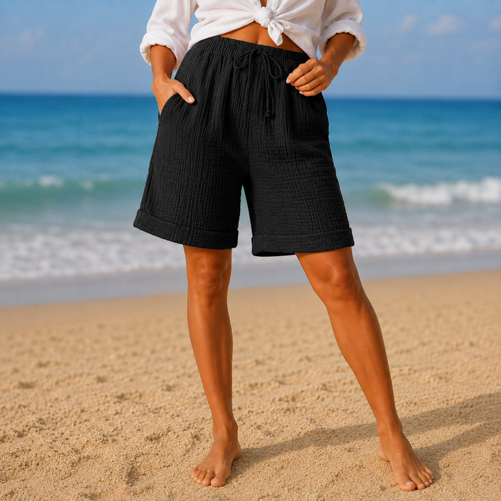 Ruvelle | Women's Crinkle Bermuda Shorts with Pockets - Beige - Image 15