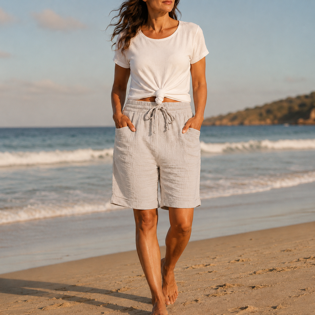 Ruvelle | Women's Crinkle Bermuda Shorts with Pockets - Beige - Image 2