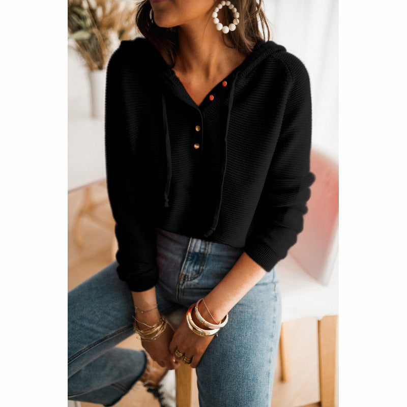 Sabrina | Women's Button Front V-Neck Long Sleeve Top - Black - Image 1