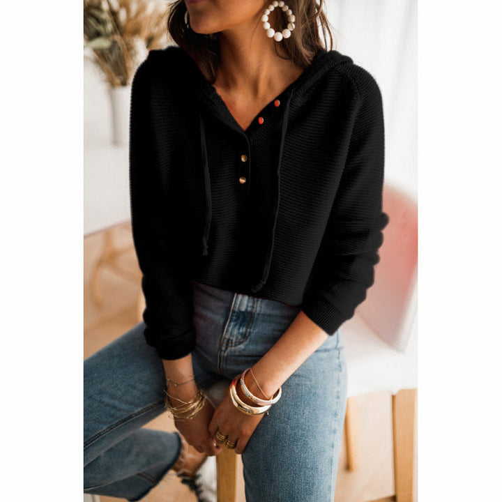 Sabrina | Women's Button Front V-Neck Long Sleeve Top - Black - Image 1
