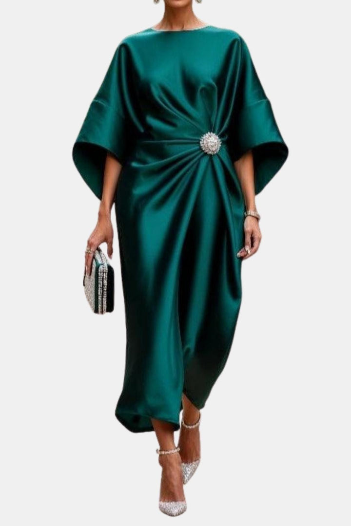 Saoirse | Women's Formal Midi Dress with Brooch Detail - Teal - Image 1