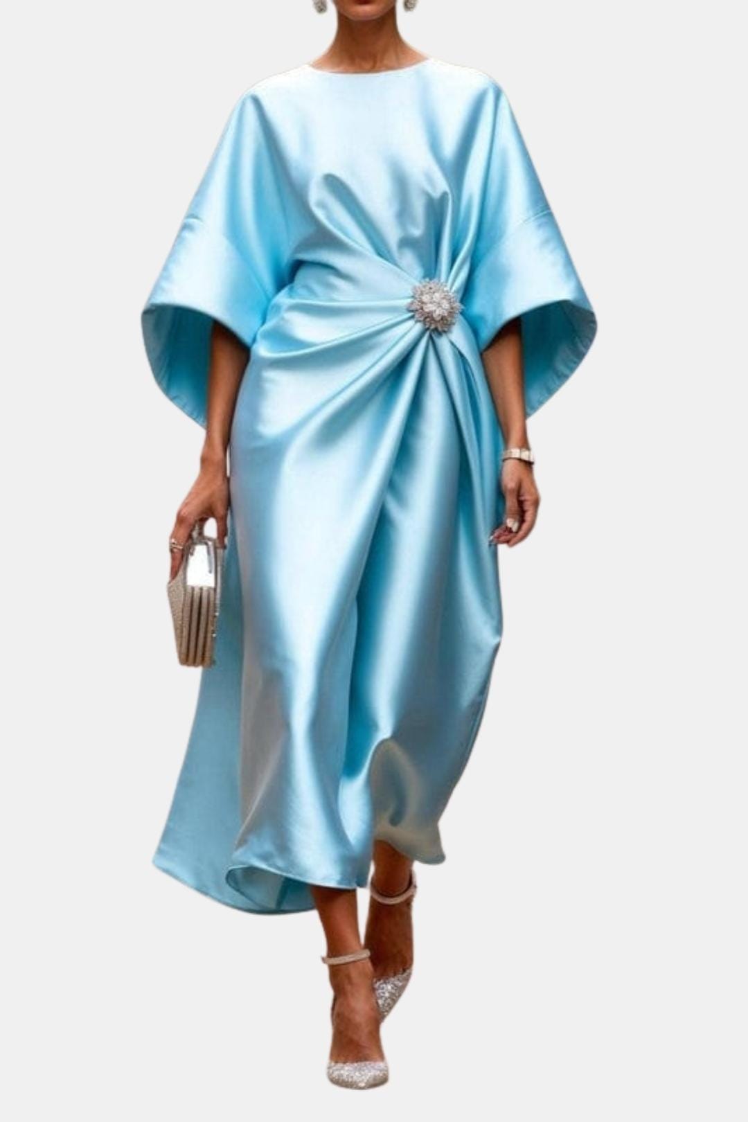 Saoirse | Women's Formal Midi Dress with Brooch Detail - Teal - Image 5
