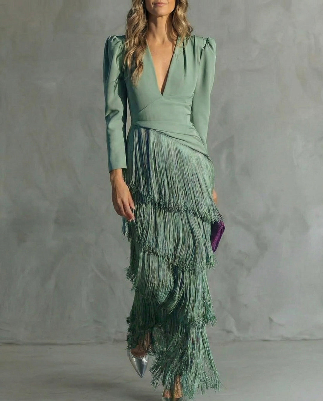 Saoirse | Women's Fringe V-Neck Maxi Dress - Green - Image 1