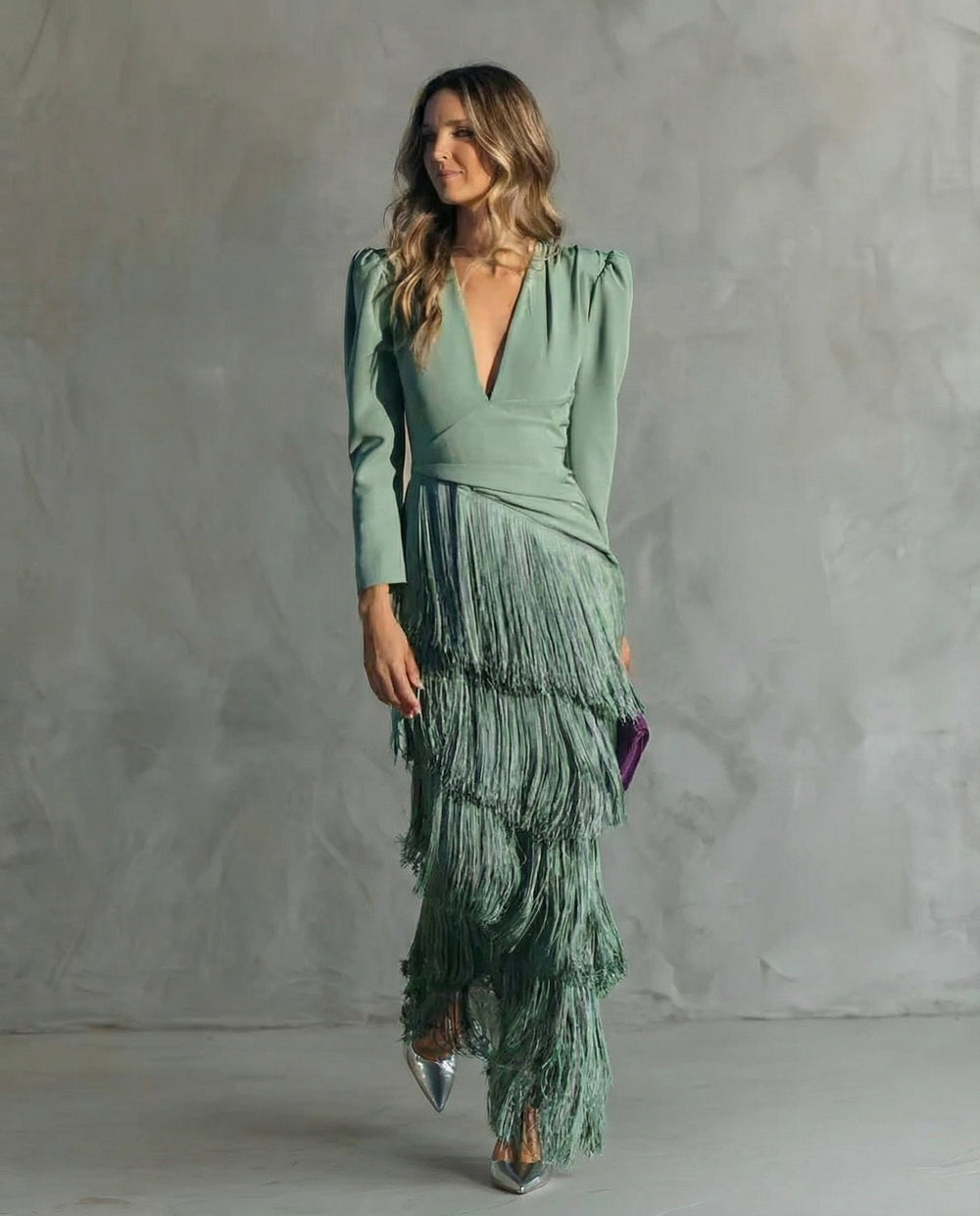 Saoirse | Women's Fringe V-Neck Maxi Dress - Green - Image 2