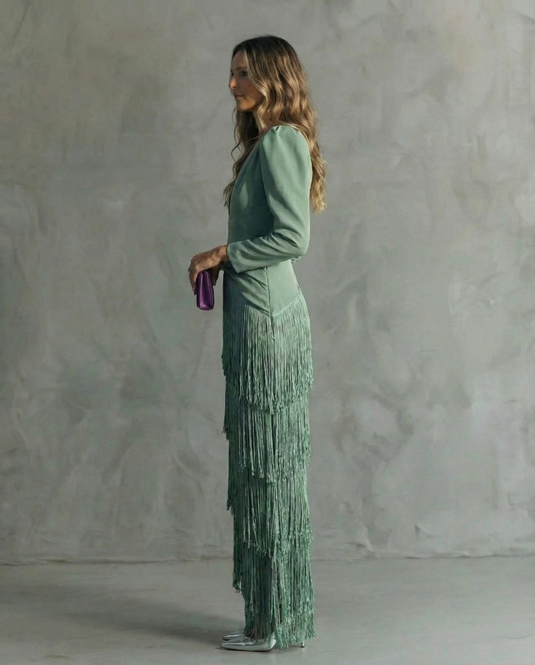Saoirse | Women's Fringe V-Neck Maxi Dress - Green - Image 3