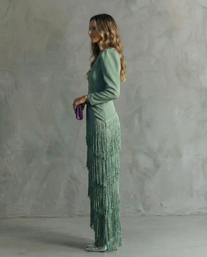 Saoirse | Women's Fringe V-Neck Maxi Dress - Green - Image 3