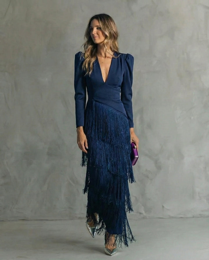 Saoirse | Women's Fringe V-Neck Maxi Dress - Green - Image 5