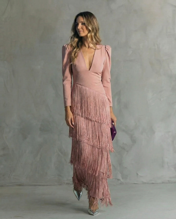 Saoirse | Women's Fringe V-Neck Maxi Dress - Green - Image 6