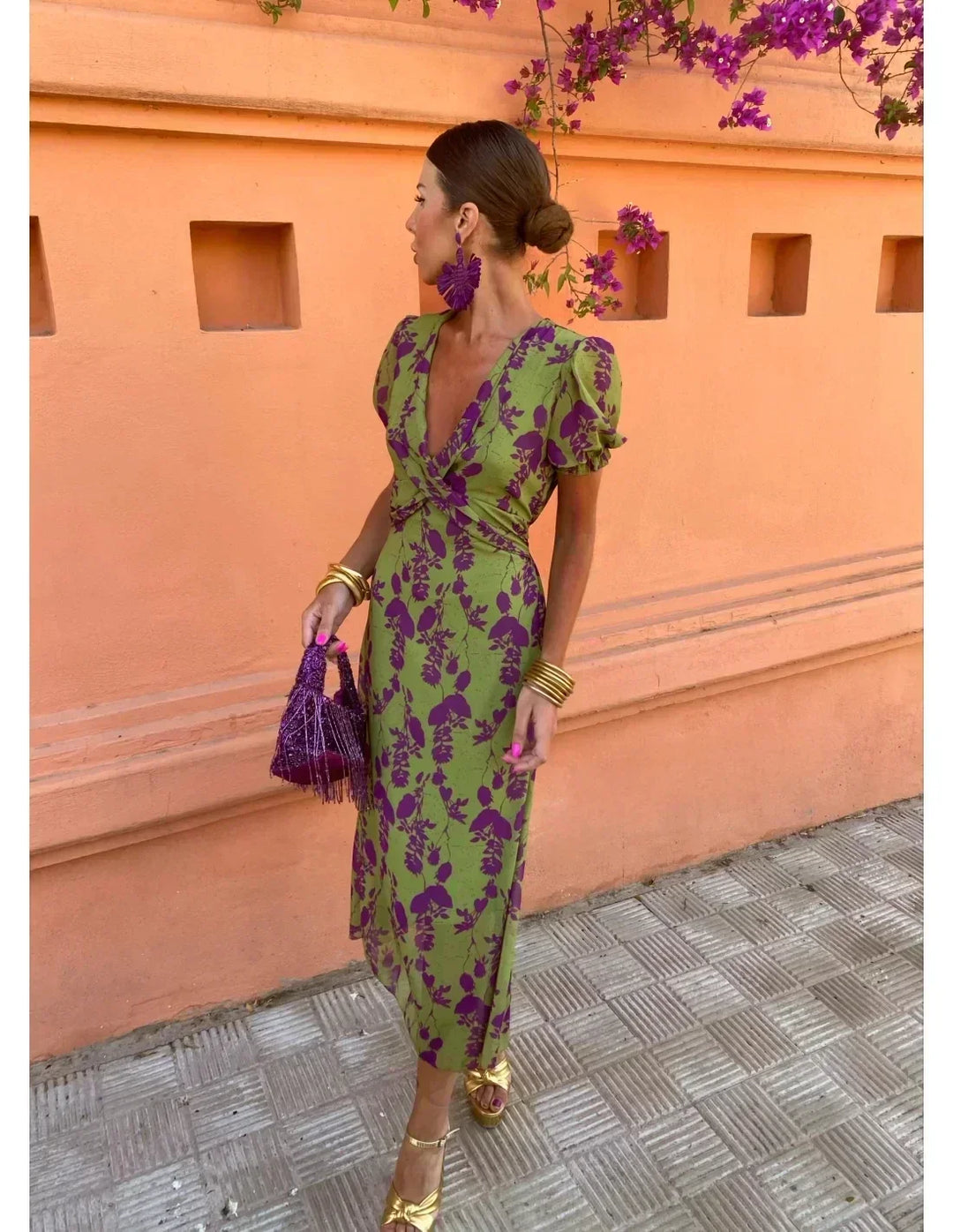 Savana | Women's Floral Wrap Midi Dress - Olive Green - Image 1