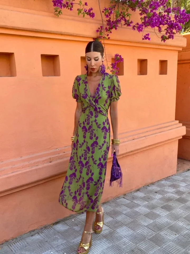 Savana | Women's Floral Wrap Midi Dress - Olive Green - Image 2