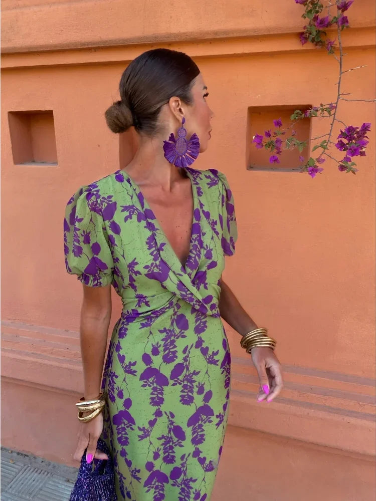Savana | Women's Floral Wrap Midi Dress - Olive Green - Image 3