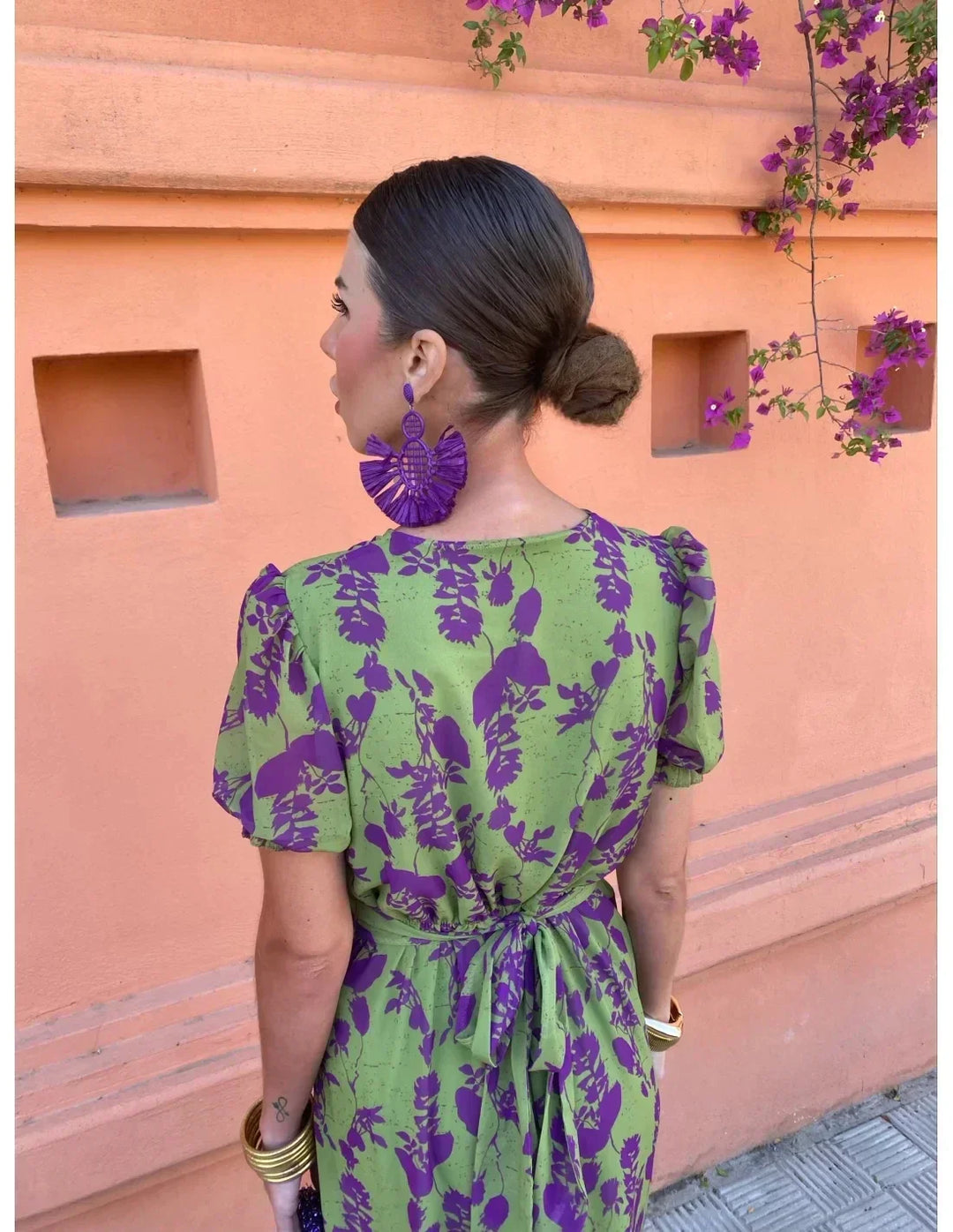 Savana | Women's Floral Wrap Midi Dress - Olive Green - Image 5