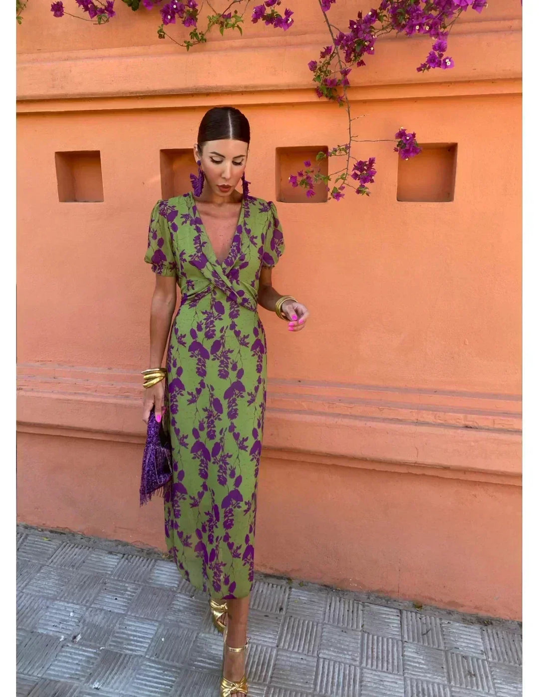 Savana | Women's Floral Wrap Midi Dress - Olive Green - Image 6