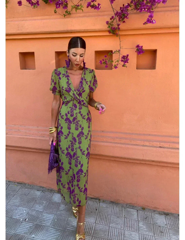Savana | Women's Floral Wrap Midi Dress - Olive Green - Image 6