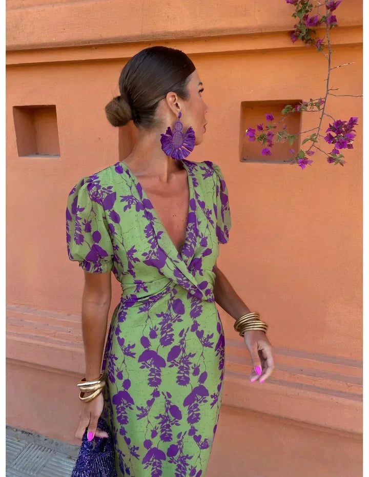 Savana | Women's Floral Wrap Midi Dress - Olive Green - Image 7