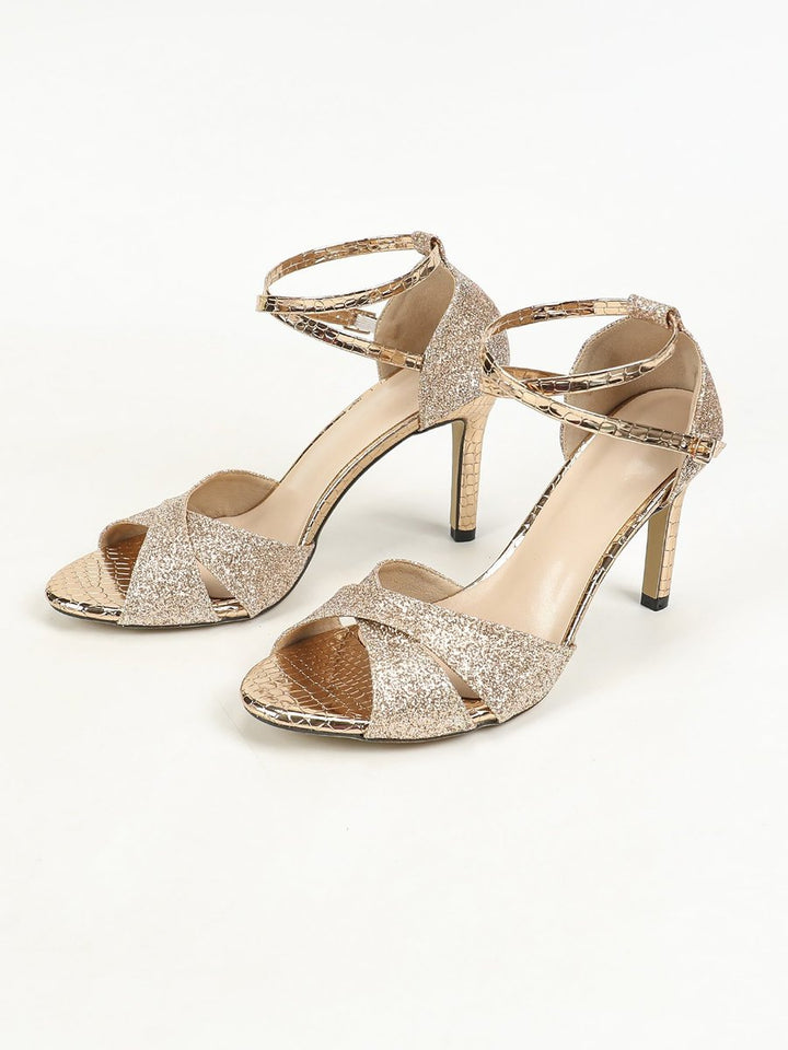 Selvaine | Women's Glitter Heel Ankle Strap Sandals - Gold - Image 3