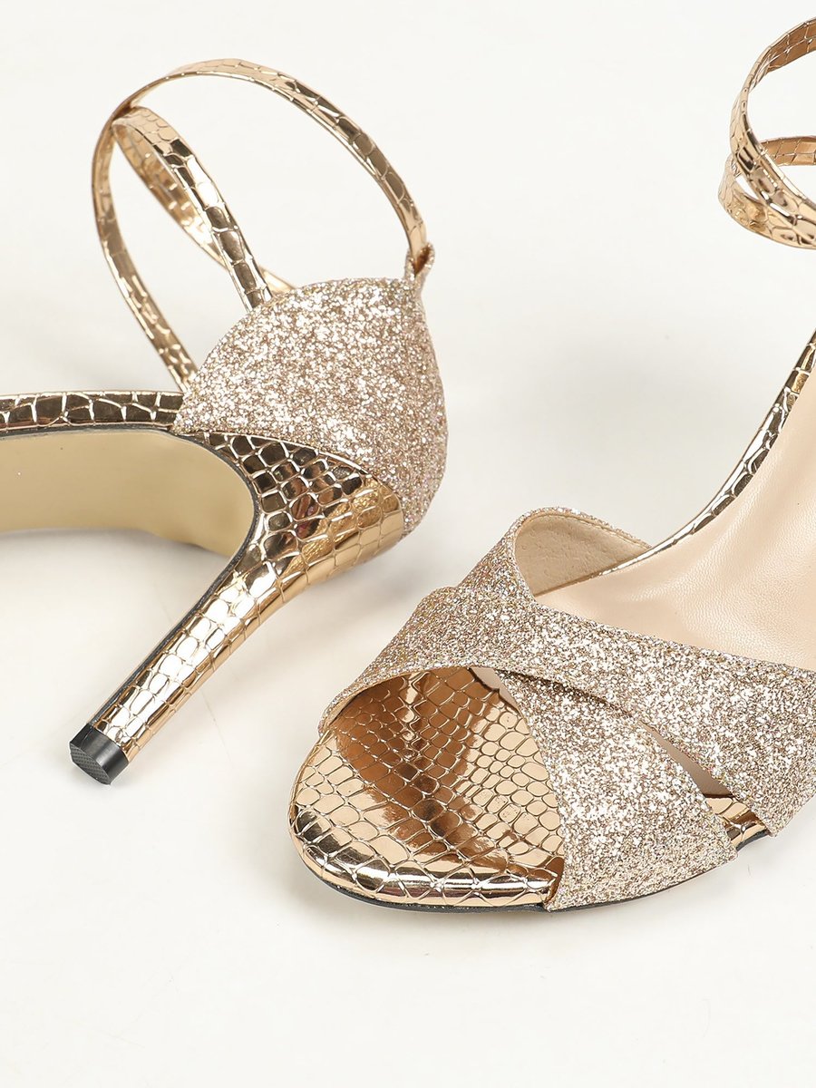 Selvaine | Women's Glitter Heel Ankle Strap Sandals - Gold - Image 4