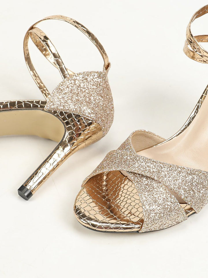 Selvaine | Women's Glitter Heel Ankle Strap Sandals - Gold - Image 4