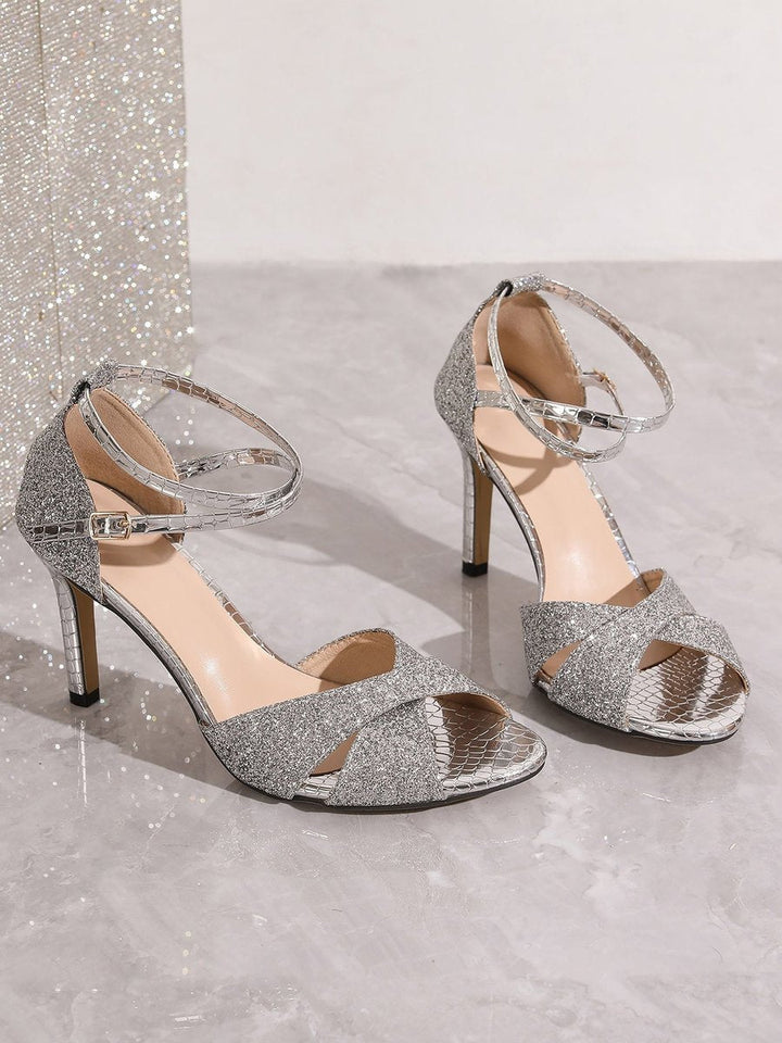 Selvaine | Women's Glitter Heel Ankle Strap Sandals - Gold - Image 8
