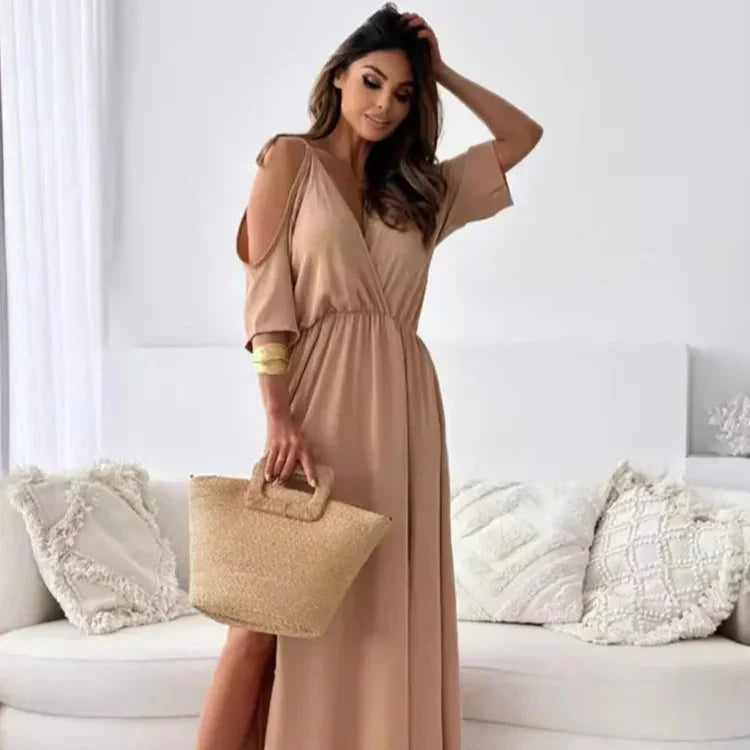 Selvaine | Women's Summer Maxi Dress Cold Shoulder - Beige - Image 1