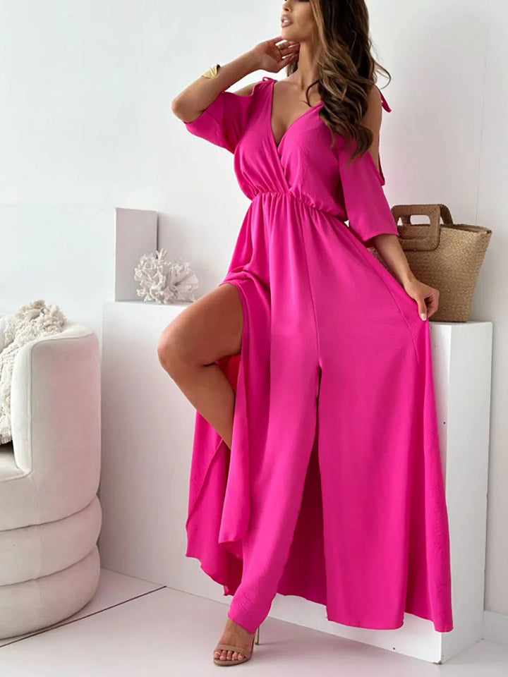 Selvaine | Women's Summer Maxi Dress Cold Shoulder - Beige - Image 10