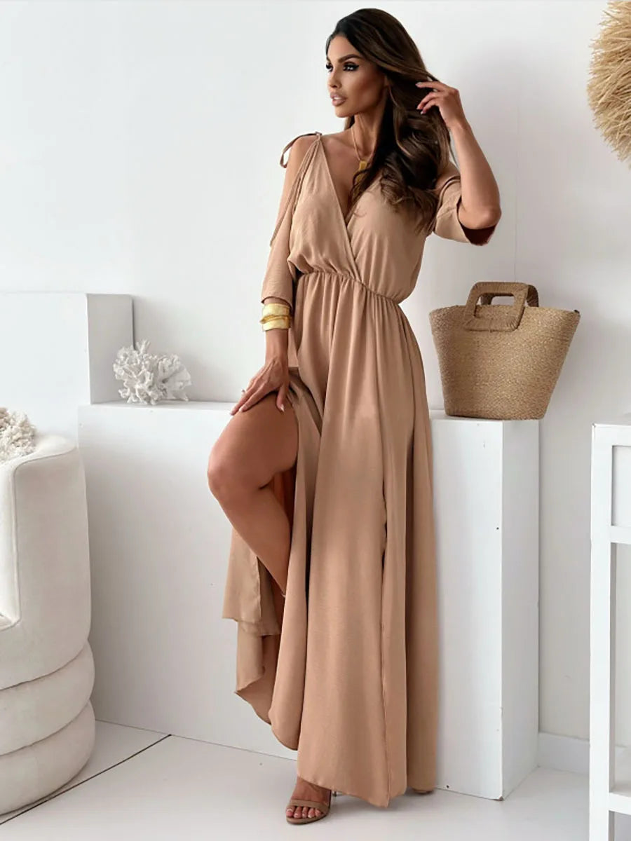 Selvaine | Women's Summer Maxi Dress Cold Shoulder - Beige - Image 2